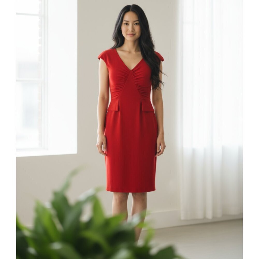 Kay Unger Ponte Knit Gathered Sheath Peplum Dress